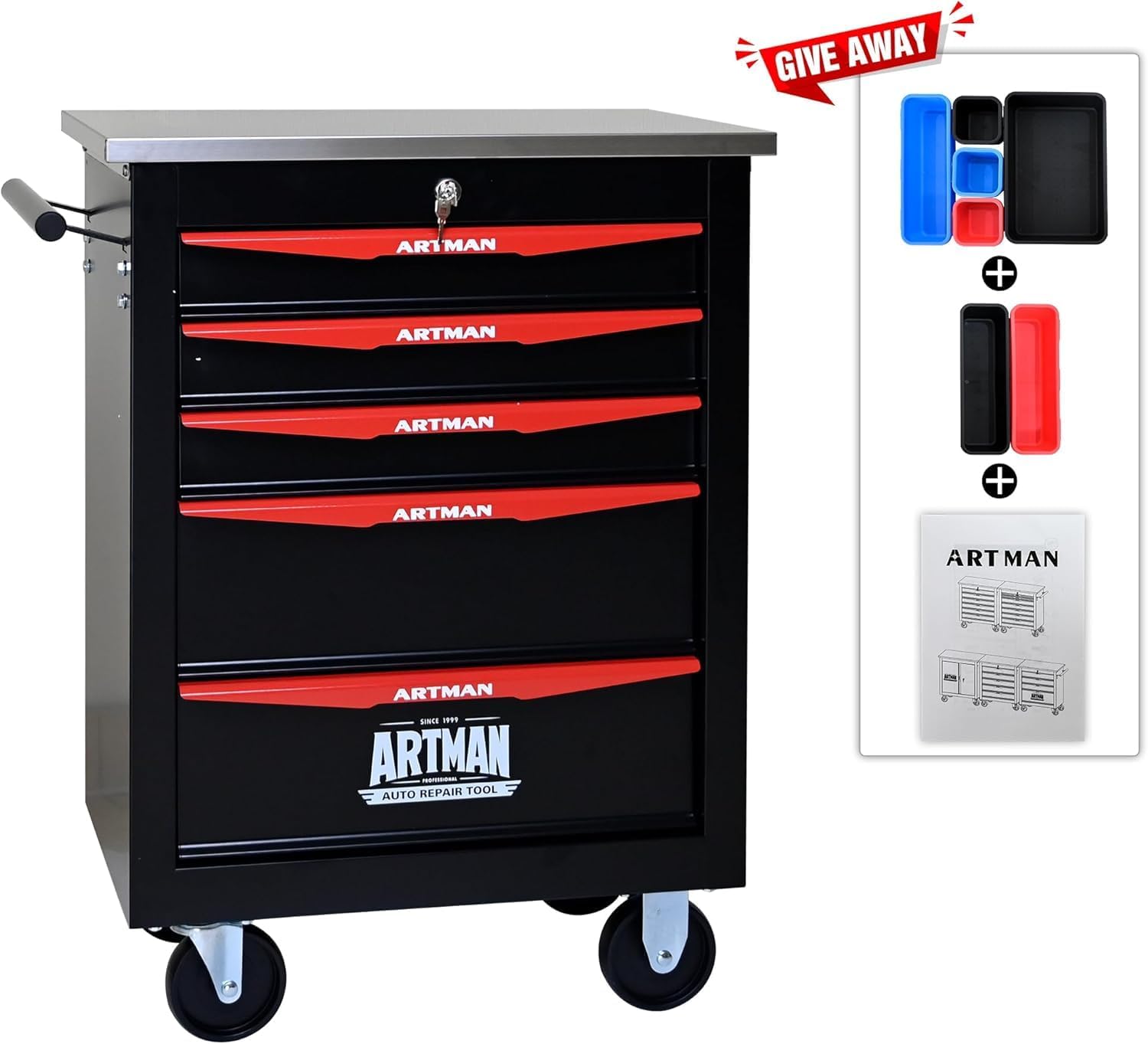 5 Drawers Tool Cart on Wheels, Stainless Steel Countertop Multifunctional Rolling Tool Storage Chest, Drawer Rolling Trolley Organizer Tool Box for Garage,Workshop(5 Drawers-Black)