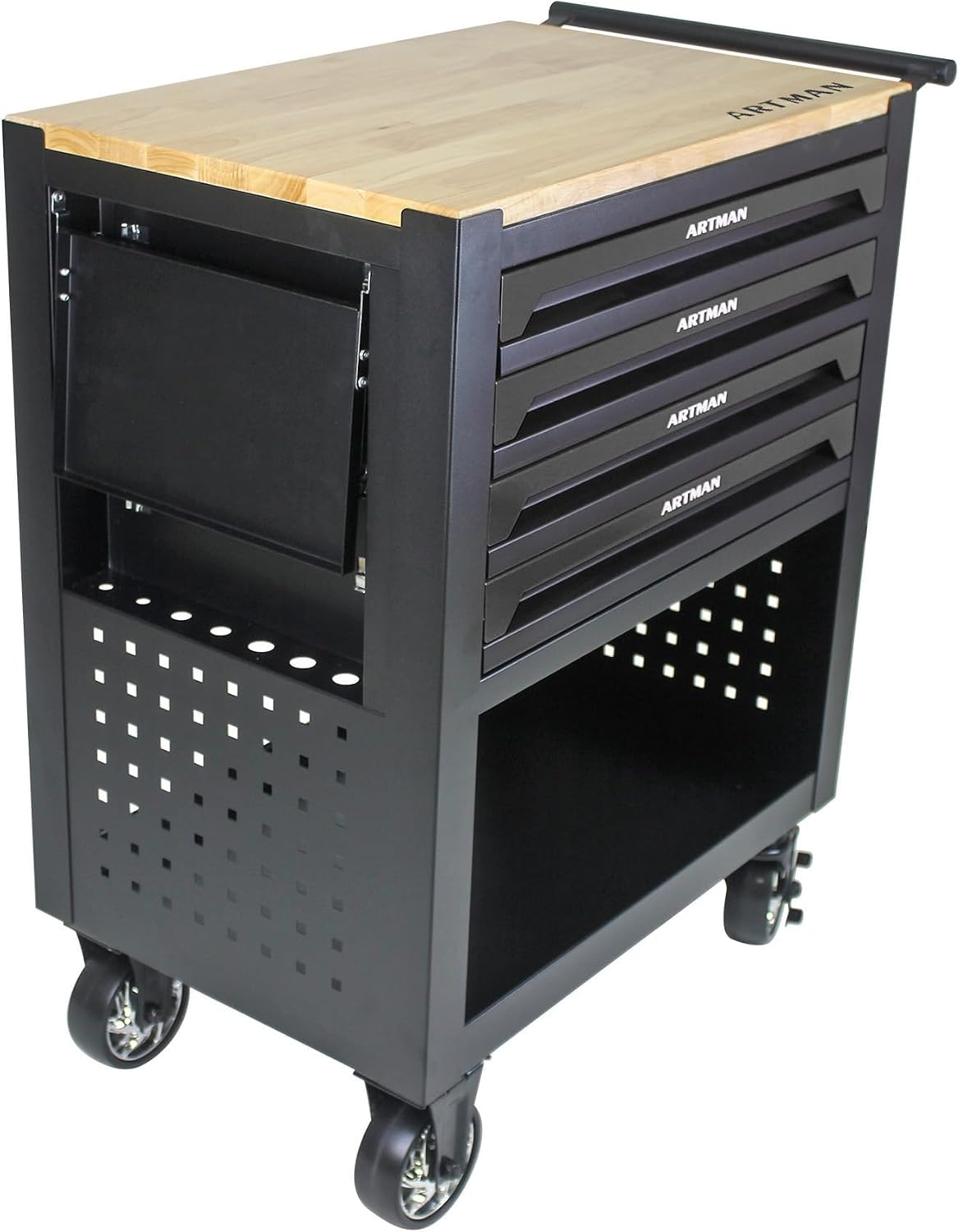 4 Drawers Tool Chest on Wheels,Tool Storage Cart with Wooden Top,Drawers Rolling Tool Box Organizer Tool Case with Lock for Garage,Warehouse,Workshop,Repair Shop (4 Drawers-35.4' H-Black)