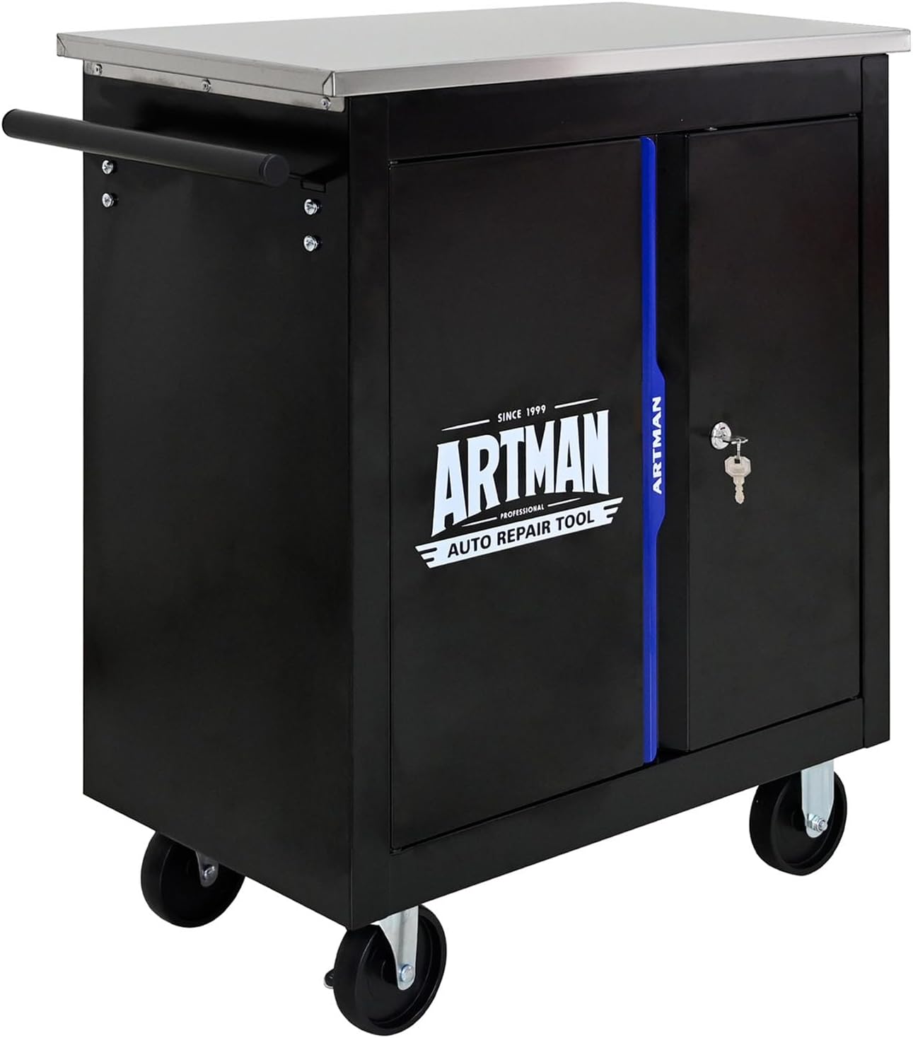 2-Door 2-Shelf Rolling Tool Chest with Stainless Steel Countertop,Tool Chest with Secure Locking System,Mobile Storage Tool Cabinet with 360°Wheels and Padded Feet,for Home,Garage(Black+Blue)