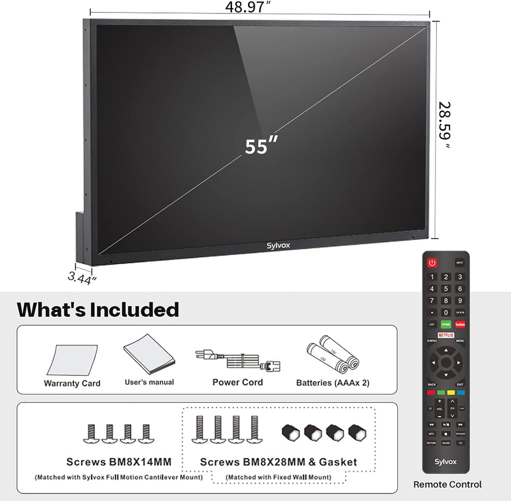 SYLVOX 55 Inch Outdoor TV, Waterproof 4K Smart TV, High Brightness,7x16(H) Commercial Grade, Supports Wireless Connection & Wi-Fi, ARC &CEC, Suitable for Partial Sun (Deck series)