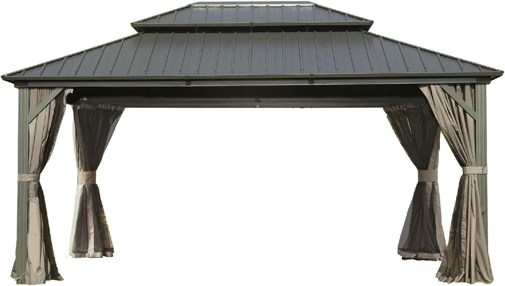 1 Pieces Outdoor Patio Canopy, Hardtop Gazebo 12x16 Gray Aluminum with Galvanized Steel Double Roof Canopy, Curtain and Netting