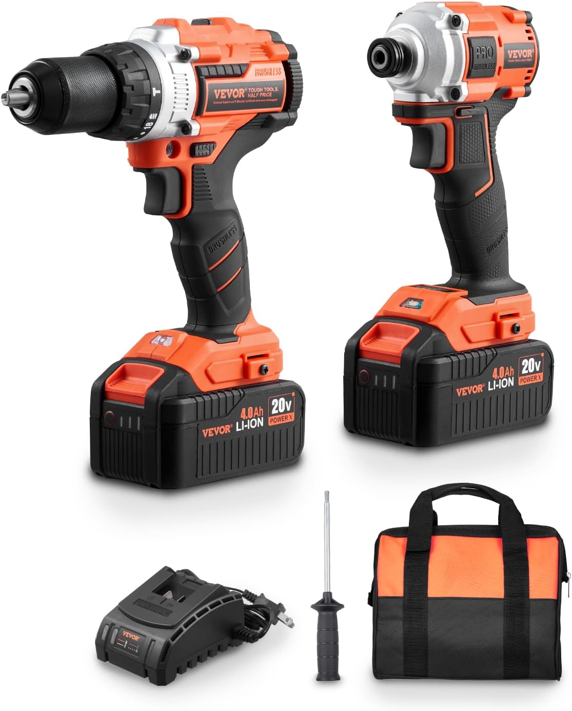 VEVOR Tool Combo Kit, 20V Max Cordless 2-Tool Combo Kit, with 1/2 in Impact Drill, 1/4 in Impact Driver, Compact Cordless Power with 4.0 Ah Batteries, Screws, Charger, and Cloth Bag