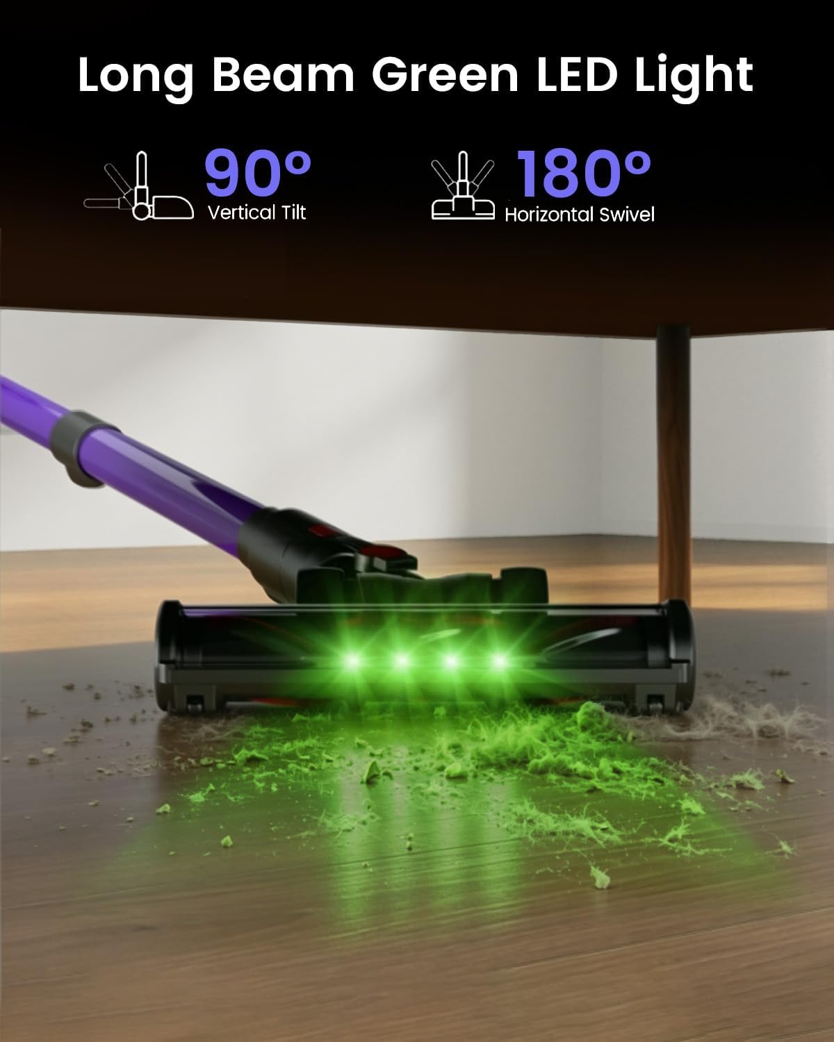 Cordless Vacuum Cleaner, 650W 55KPA 70Min Wireless Vacuum for Home, Stick Vacuum with Green Light Anti-Tangle, Rechargeable Vacuum Cleaners for Pet Hair Carpet Hard Floors （Purple）