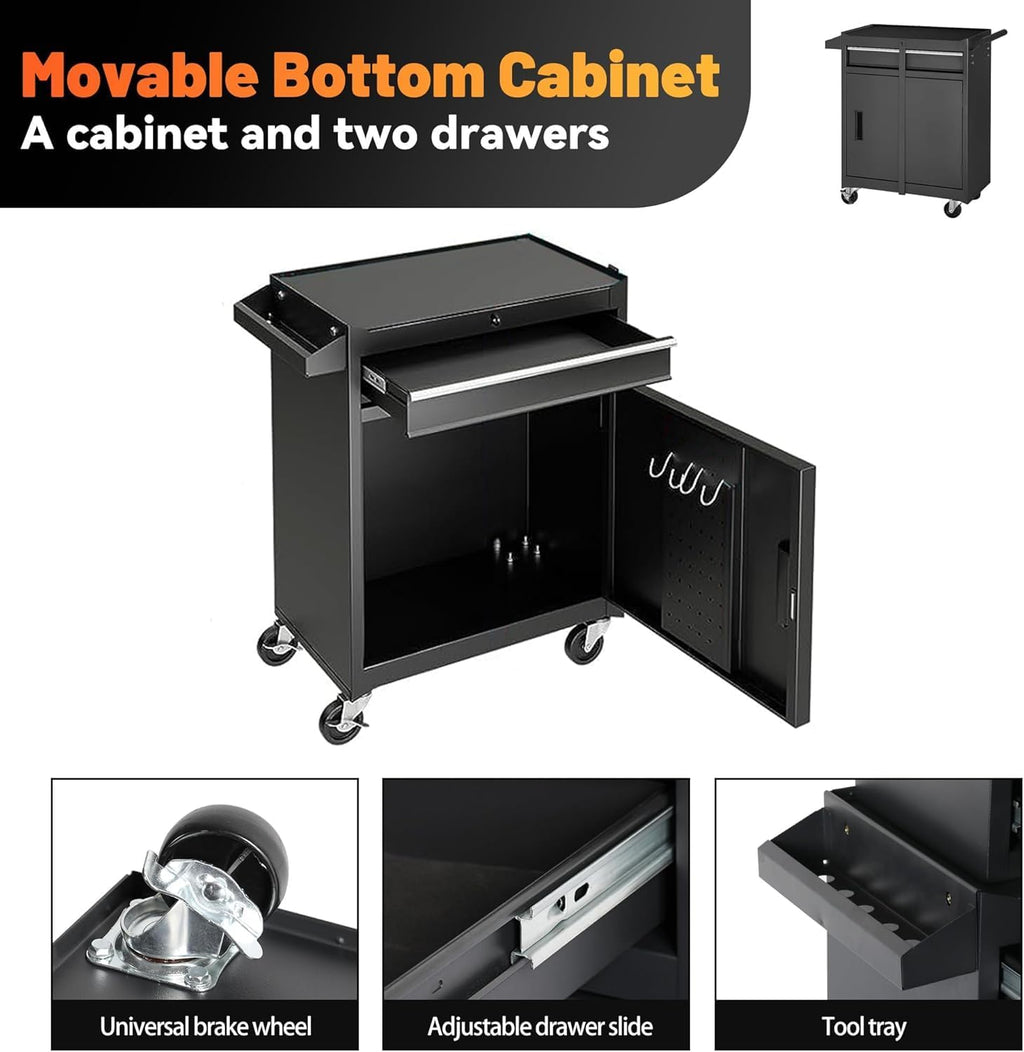 5 Drawers Metal Tool Cart on Wheels with 1 Cabinet, Multifunctional Rolling Tool Storage Cabinet Organizer Set w/Removable Top Tool Box for Garage,Warehouse,Workshop,Repair Shop(Black)