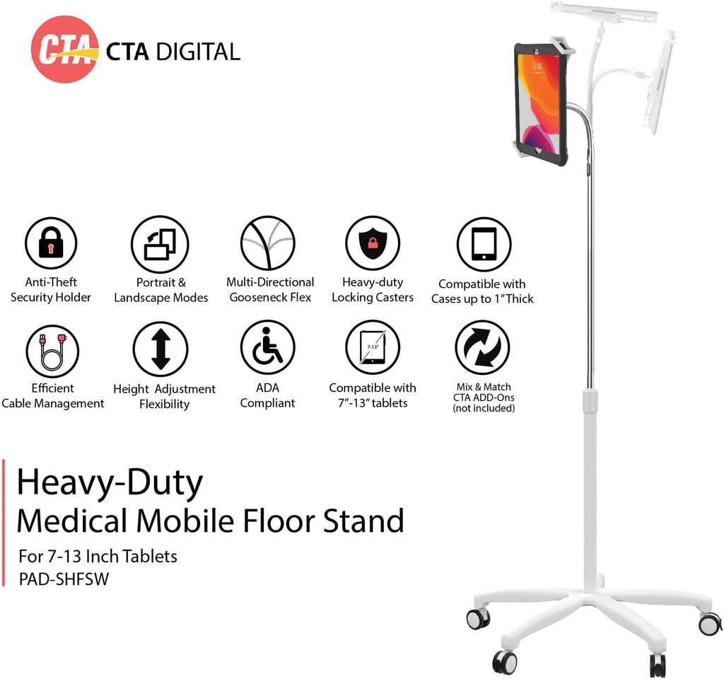 Medical Mobile Stand – CTA Medical Mobile Floor Stand for iPad 7/8/9 Gen 10.2', 12.9' iPad Pro, 11' iPad Pro, iPad mini, iPad Air 4, Surface Pro X, and Other 7-13' Tablet - White
