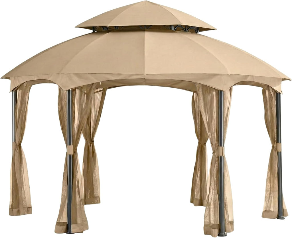Garden Winds Reinforced RipLock 350 Replacement Canopy Top and Netting Set Compatible with Heritage 12' x 12' Hexagon Gazebo Models L-GZ793PST-E, A101011800 - Beige