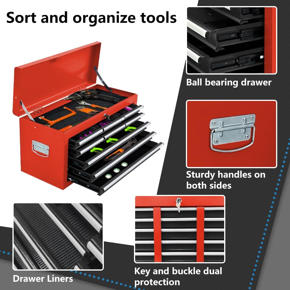 13 Drawers Tool Chest with Wheels,Large Capacity Tool Storage Cabinet with Tool Box, Locking Mechanical Tool Cart with Liner,Suitable for Garages, Warehouses-Black&Red