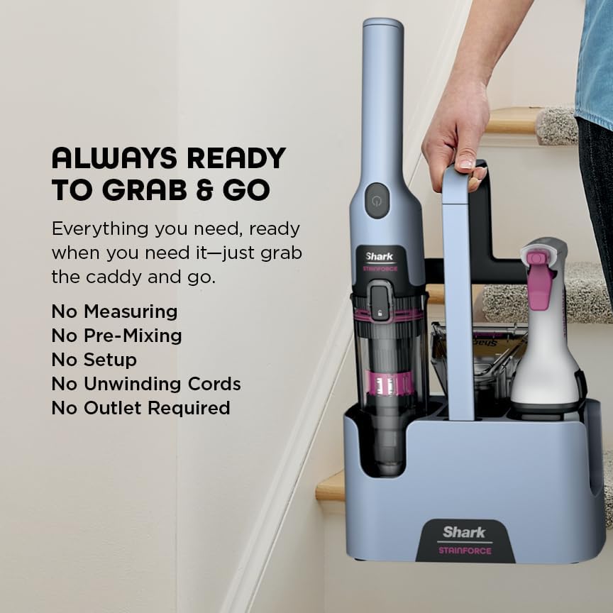Shark StainForce Cordless Portable Spot, Stain, & Odor Remover System, 5' tool, Storage Tray & Extra Filter for Carpets, Area Rugs, Upholstery, Stairs, Cars, Cleaning Solution, Glacier Blue, HX102BRN