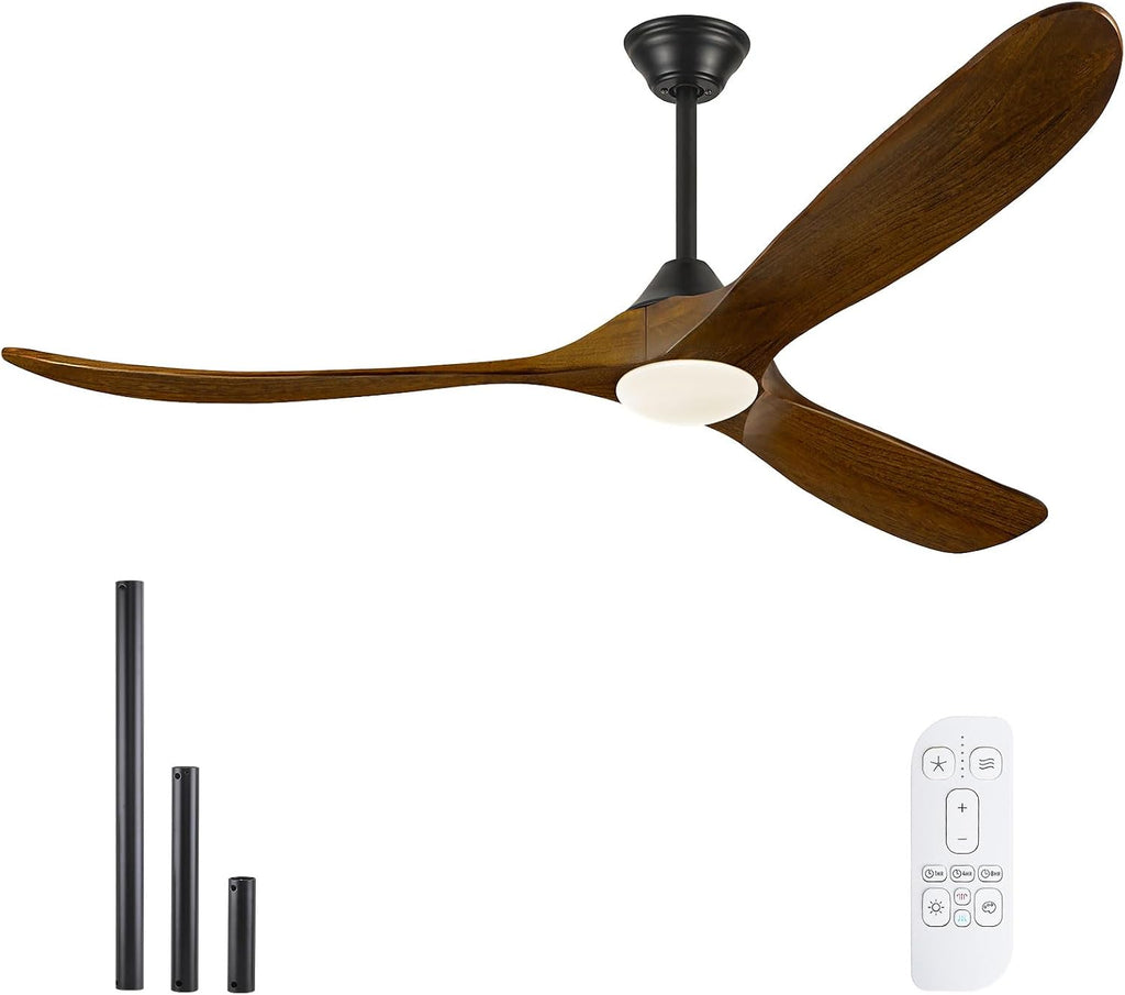 60 Inch Indoor Outdoor Ceiling Fan with Light and Remote, Modern Farmhouse for Patio, Gazebo, Living Room - High CFM Quiet Reversible DC Motor, 3 Wood Blades Dimmable with 3 Downrods