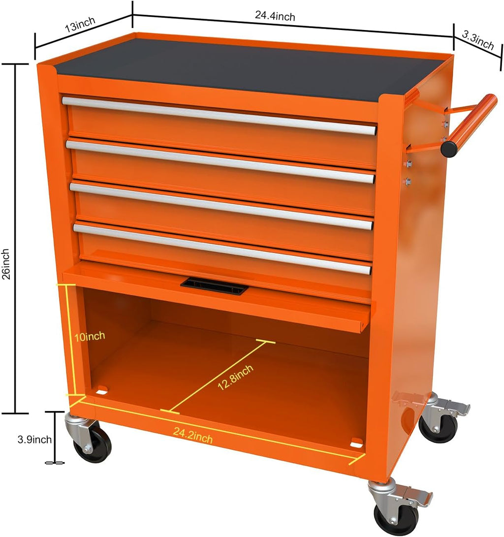 Campfun 4-Drawer Rolling Tool Cart, Metal Tool Storage Organizer Cabinet with Interlock System and Wheels, Multifunctional Mechanic Tool Chest for Garage, Warehouse, Workshop Repair Shop, Orange