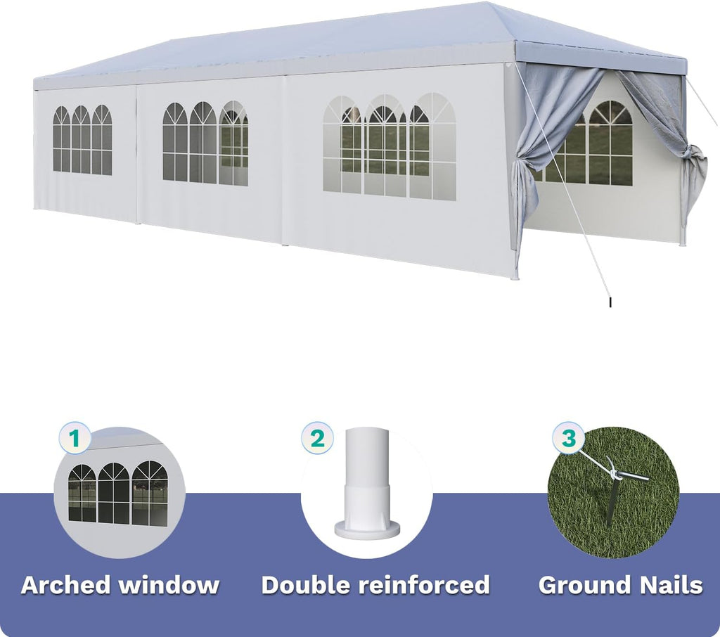 Devoko 10'x30' Heavy Duty Outdoor Canopy Tent, Waterproof Wedding Party and Events Tent with UV Protection & Sidewalls, Wind Resistant Portable Gazebo for Backyard, Patio, White