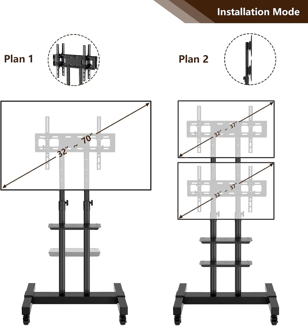 Mobile TV Stand Rolling TV Cart Floor Stand with Mount on Lockable Wheels Height Adjustable Shelf for 32-83 Inch TV Stand Flat Screen or Curved TVs Monitors Display Trolley (Black with 2 TV Brackets)