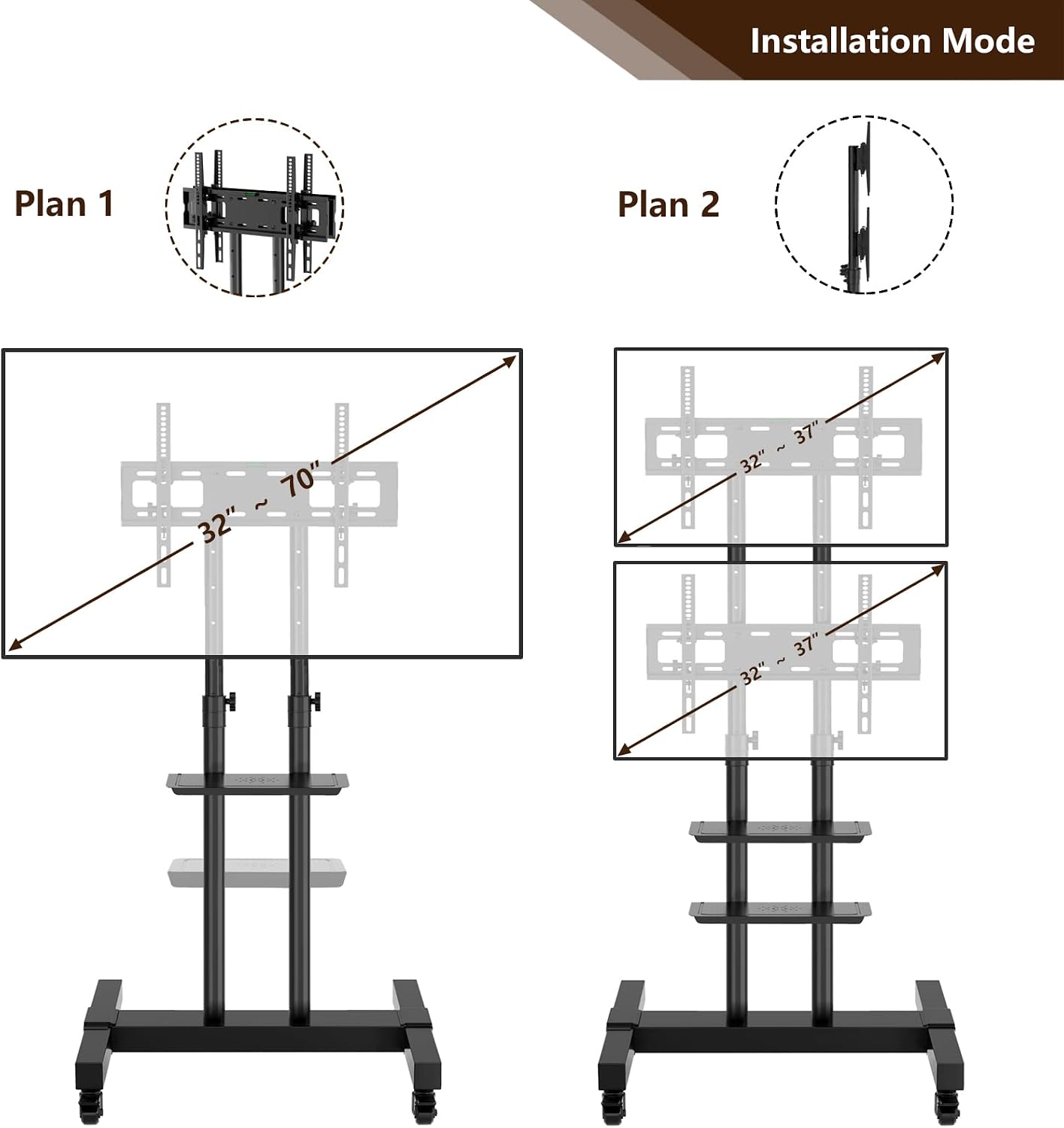 Mobile TV Stand Rolling TV Cart Floor Stand with Mount on Lockable Wheels Height Adjustable Shelf for 32-83 Inch TV Stand Flat Screen or Curved TVs Monitors Display Trolley (Black with 2 TV Brackets)