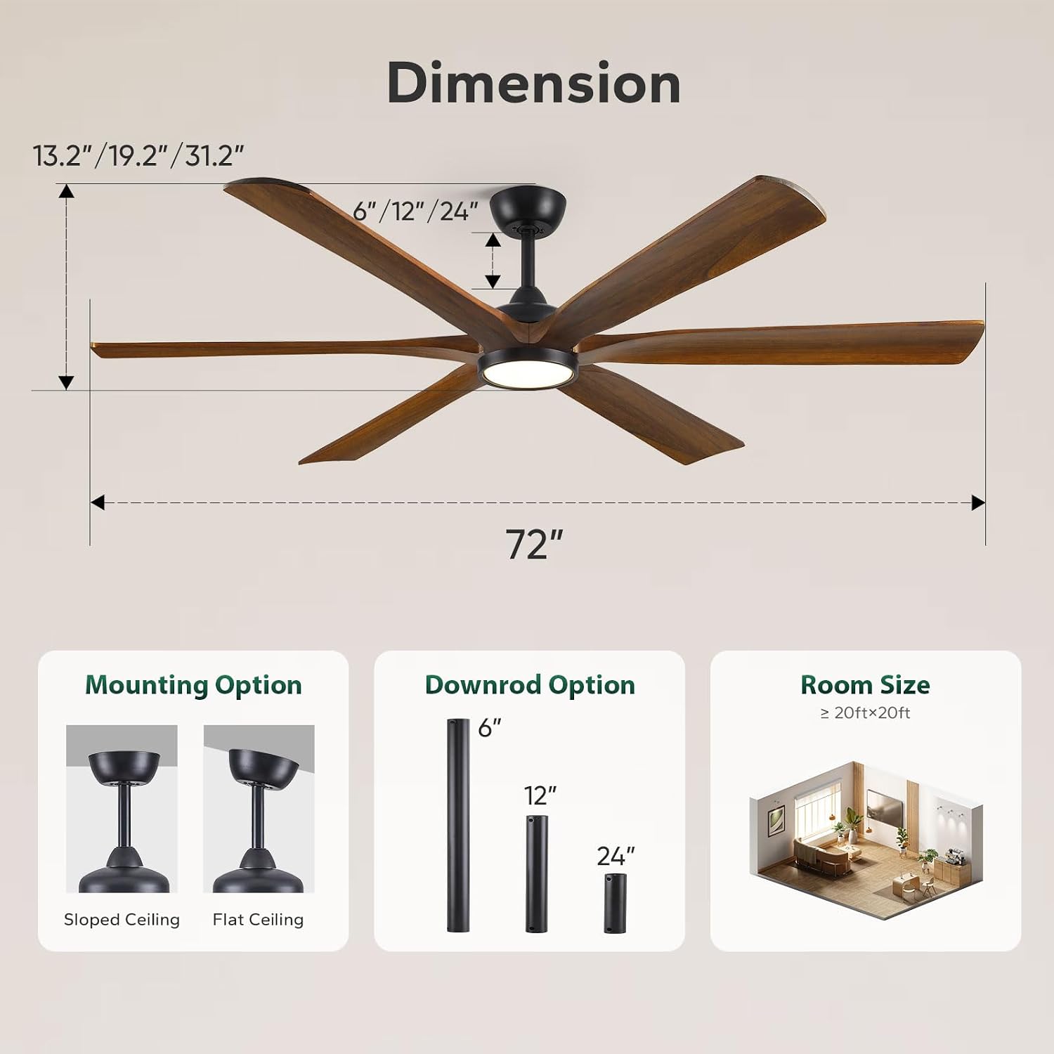 72 Inch Outdoor Ceiling Fan with Light and Remote - Damp Rated for Indoor/Exterior, 6 Brown Wood Blade, Large Airflow Quiet Energy Efficient DC Motor, for Patios Porch Gazebo Garage Farmhouse