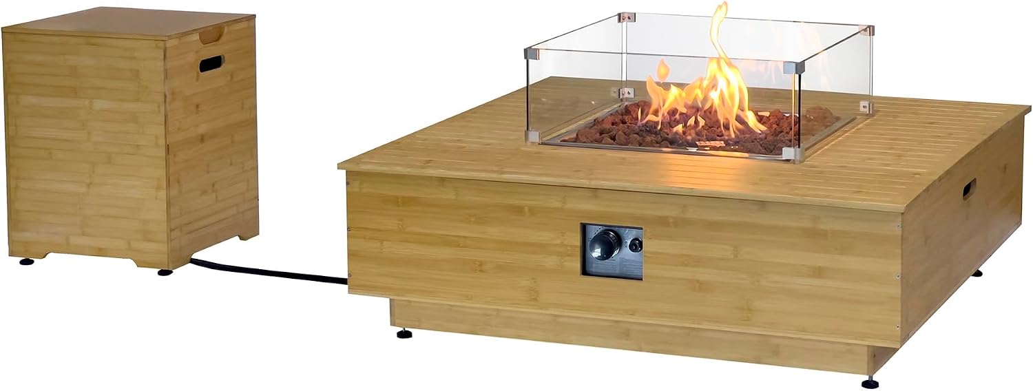 43' Gas Fire Pit Table with Propane Tank Cover Table Wood Grain Design Square Includes Lava Rocks and Weatherproof Cover for Outdoor Patios Parties Garden 50,000 BTUs CSA Certified