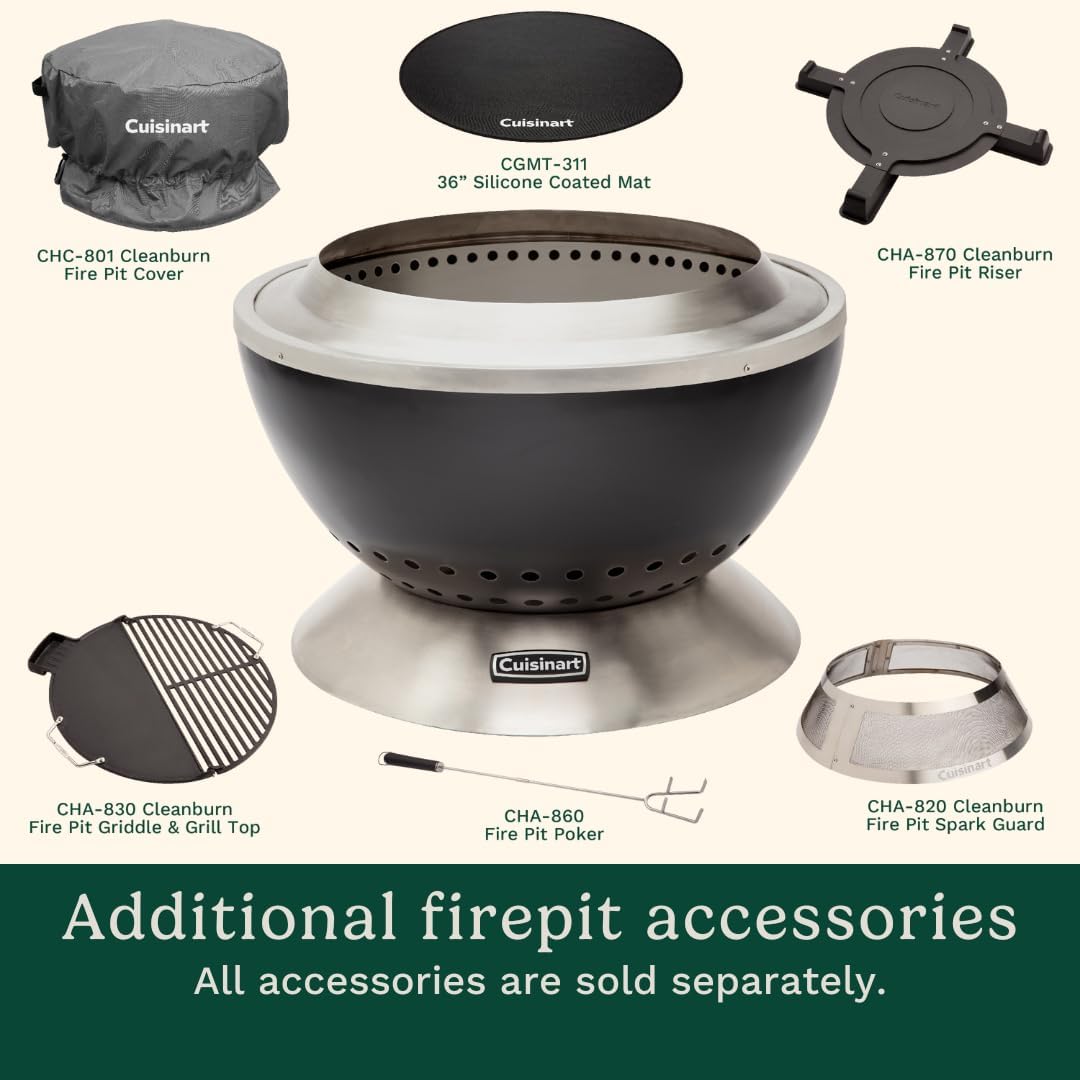 Cuisinart 24' Cleanburn Smokeless Fire Pit with Removable Base for Ash, Portable Wood Burning Outdoor Fireplace, Stainless Steel Smoke Free Outdoor Heater, Enhanced Airflow and Easy Cleanup