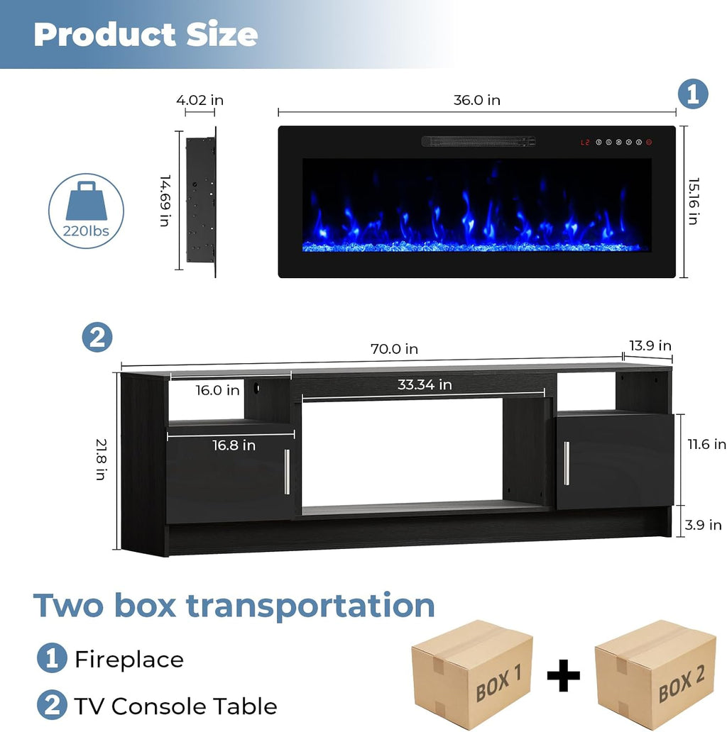 70' TV Stand with Fireplace for TVs Up to 80', LED Light Media Console with 36' Electric Heater, Storage Cabinet, Entertainment Center for Living Room, Black