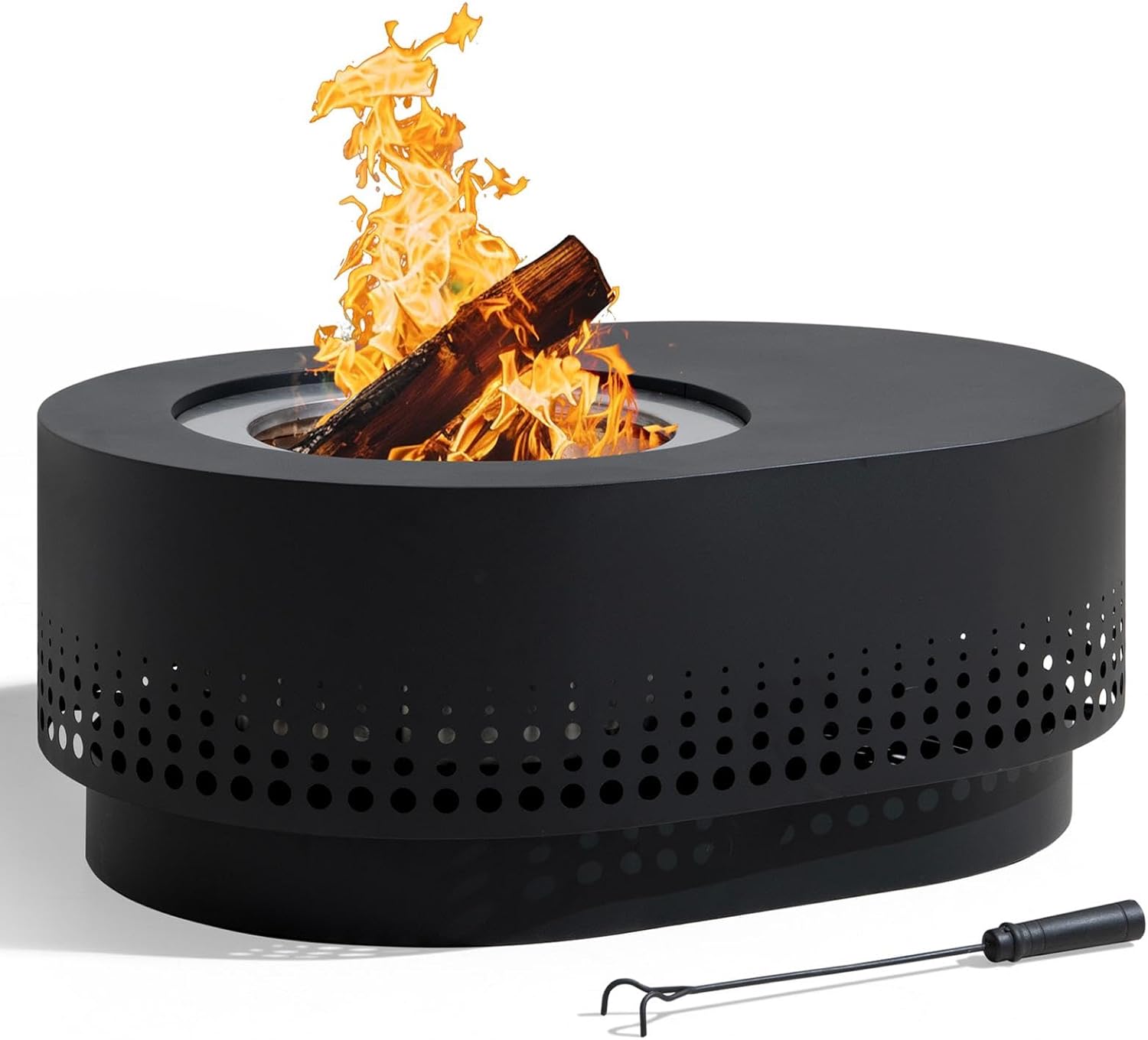 SUNJOY Smokeless Fire Pit with Table Top, 38-Inch Oval Firepit for Outdoor, Stainless Steel Wood Burning Fireplace w/Removable Ash Pan, PVC Cover and Fire Poker, Ideal for Camping, Backyard, Black