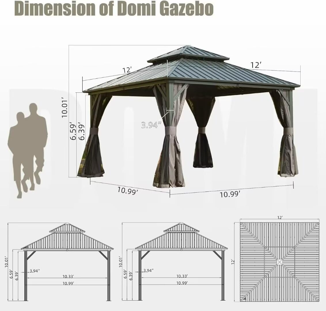 Domi 12x12FT Outdoor Gazebo, Patio Gazebo with Galvanized Steel, Hardtop Gazbo for Patio, Deck, Backyard, Curtain and Netting Included