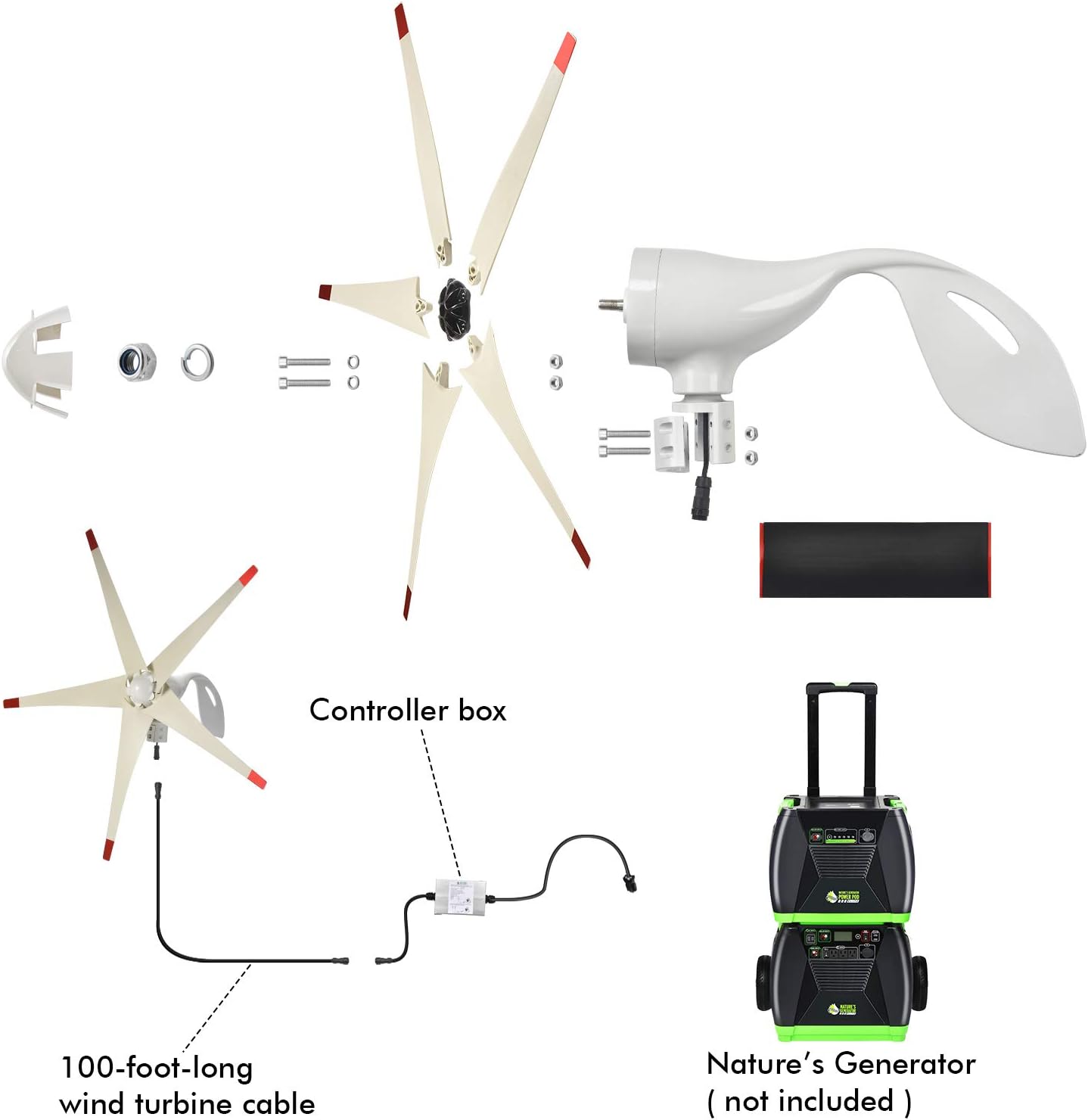 Nature's Generator Wind Turbine Includes 100 Foot 12 AWG Cable, 5 Blades, Controller Box, Land or Marine Use Day and Night