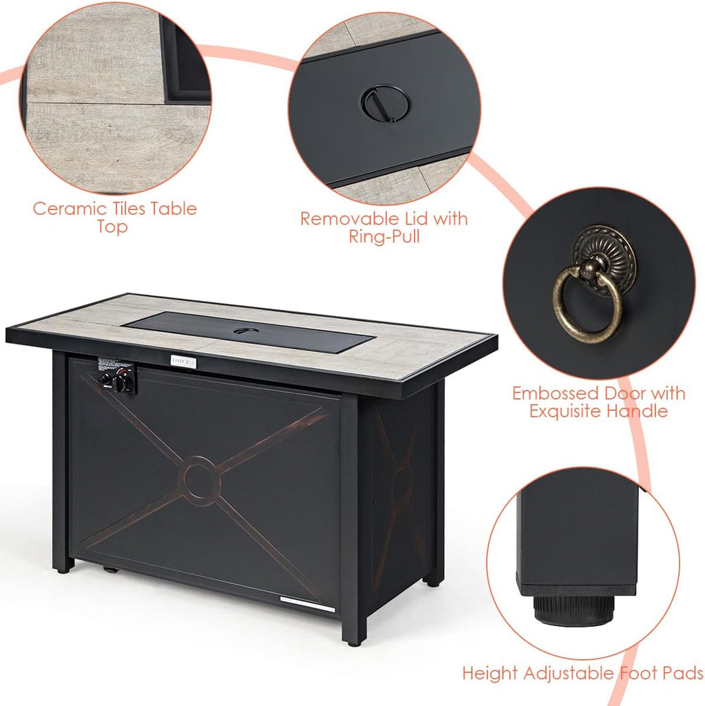 COSTWAY 42' Propane Fire Pit Table, 60,000 BTU Outdoor Rectangle Gas Fire Table W/Ceramic Tabletop, Lava Rock & PVC Cover Included, Stainless Steel Burner, Ideal for Backyard, Poolside