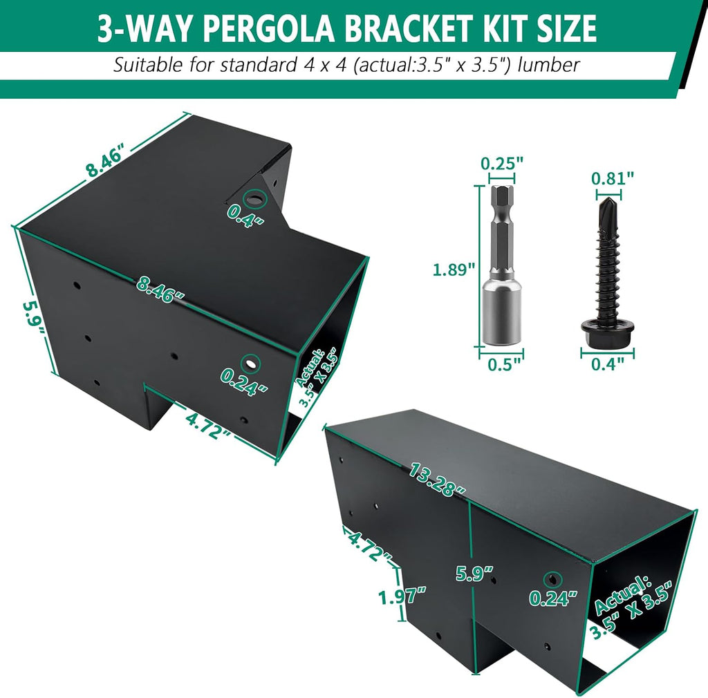 Pergola Bracket kit,3-Way Right Angle Corner & T-Shaped Flat Bracket for 4' x 4' (Actual: 3.5' x3.5'') Wood Beam for Outdoor Gazebos,Patio Pergolas,Log Cabins - 6Pack