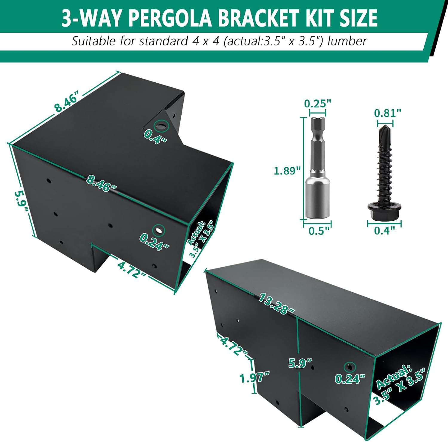 Pergola Bracket kit,3-Way Right Angle Corner & T-Shaped Flat Bracket for 4' x 4' (Actual: 3.5' x3.5'') Wood Beam for Outdoor Gazebos,Patio Pergolas,Log Cabins - 6Pack