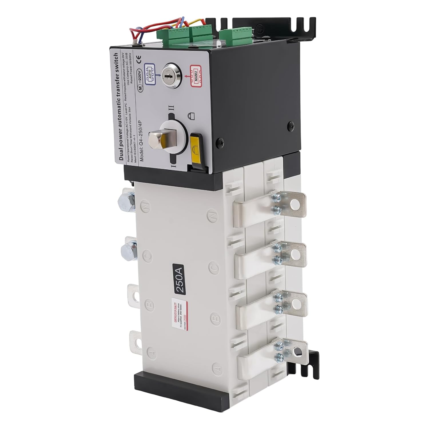 250A 4 Poles Industrial Automatic Transfer Switch Dual Power Automatic Transfer Switch Two in One Out, Transfer Switch Grid to AC Generator for Hospitals High-Rise Buildings Shopping Malls Factories