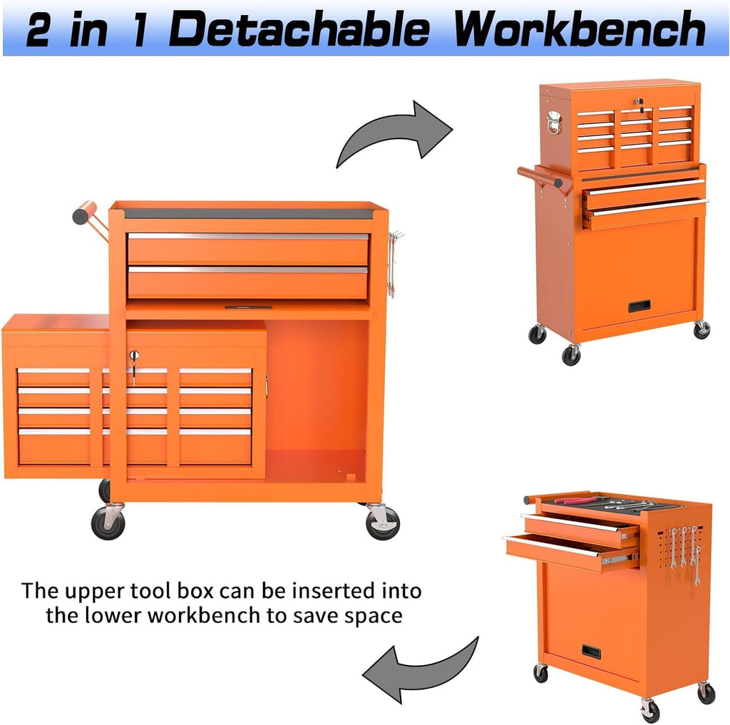 8 Drawer Rolling Tool Chest, High Capacity Tool Box with Lockable Wheels and Drawers, 2 in 1 Portable Toolbox Organizer Storage Cabinet For Garage, Warehouse, Repair Shop, Orange