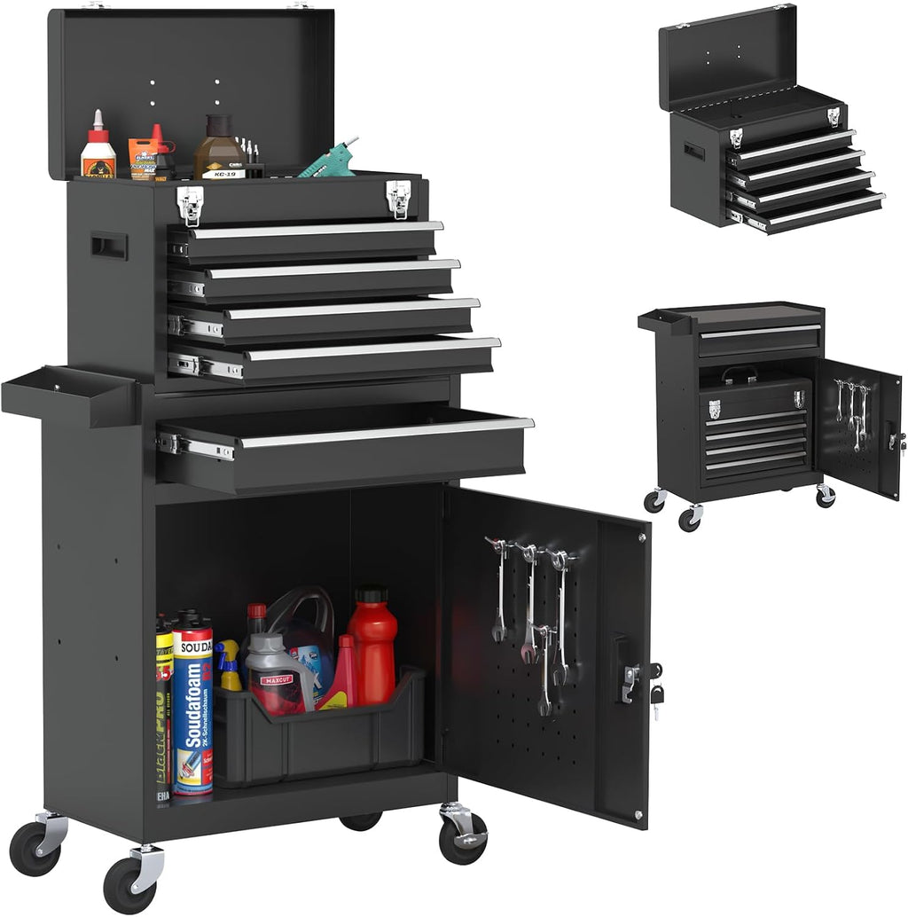 Tool Chest, 5-Drawer Rolling Tool Chest with Detachable Top Tool Box, Tool Box with Wheels, Tool Storage Cabinet for Garage, Warehouse, Workshop (Black)
