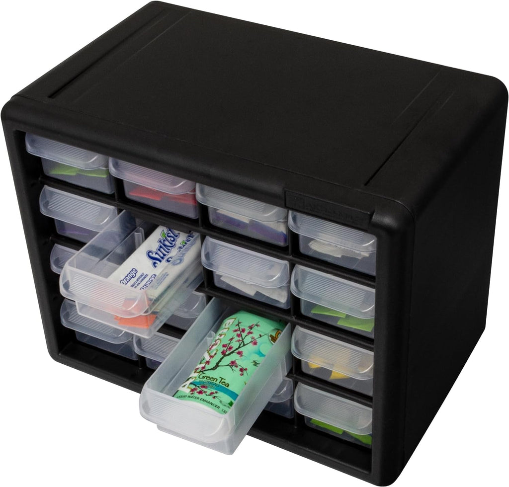 Akro-Mils 16-Drawer Plastic Cabinet for Garage Organization, Beads, Makeup Organizer, Building Bricks Storage, Teacher Toolbox, 10-1/2' W x 6-1/2' D x 8-1/2' H, 10716 Black (Pack of 4)