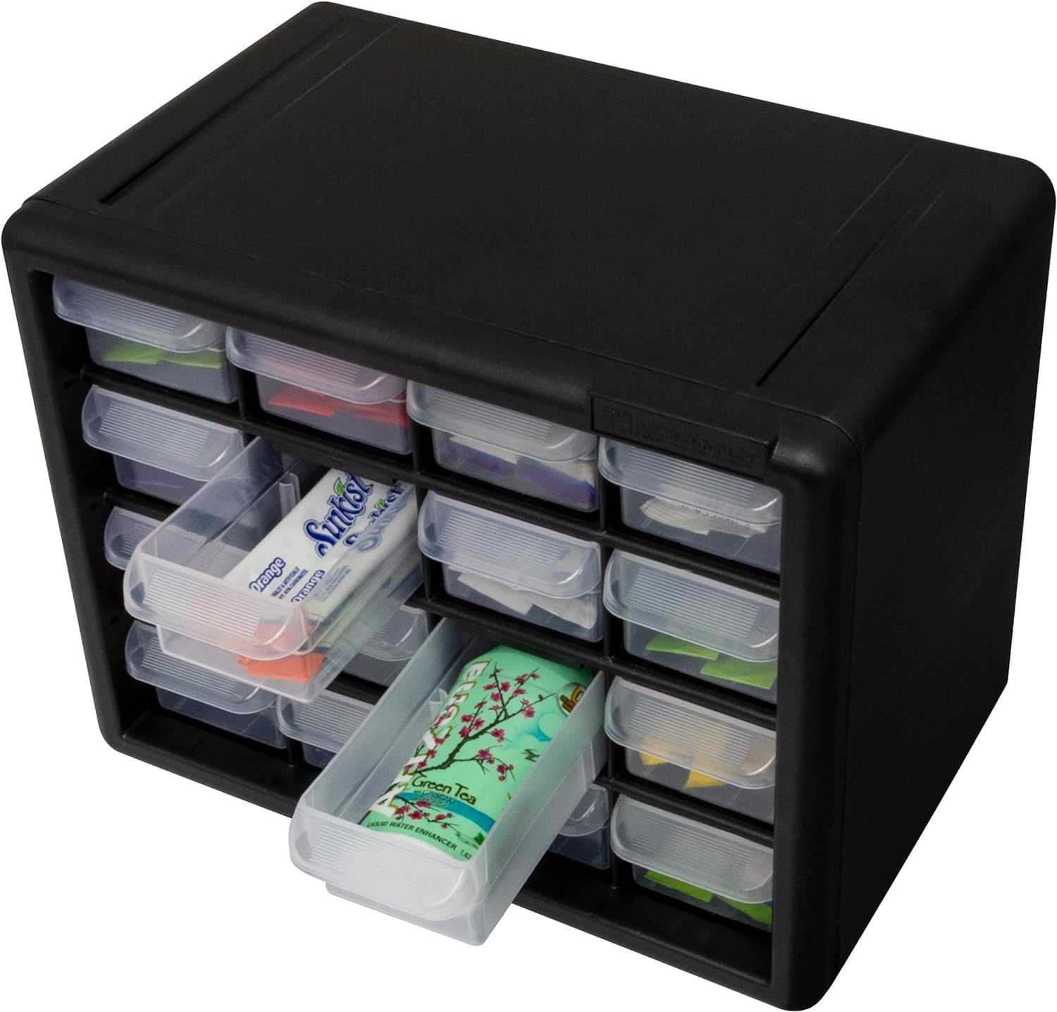 Akro-Mils 16-Drawer Plastic Cabinet for Garage Organization, Beads, Makeup Organizer, Building Bricks Storage, Teacher Toolbox, 10-1/2' W x 6-1/2' D x 8-1/2' H, 10716 Black (Pack of 4)