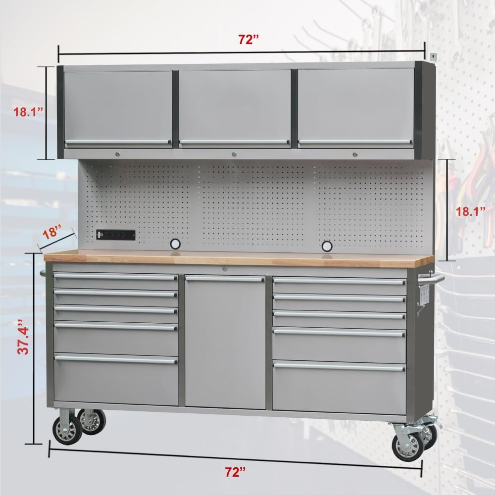 2 Pack - 72' Stainless Steel Rolling Tool Chest with 11 Drawers + 3 Upper Cabinets, Large Lockable Storage Cabinet, Mobile Workbench with Wheels for Garage Workshop (2 × HTC7214W1)