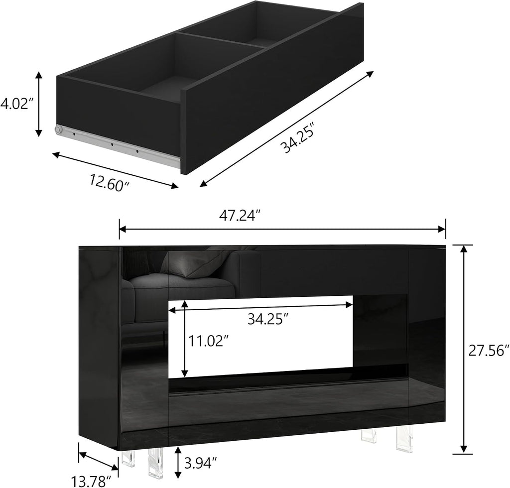 High Gloss TV Stand with 2 Large Drawers & Push-Open Doors - High Gloss Modern TV Console Storage Cabinet for Living Room, Office
