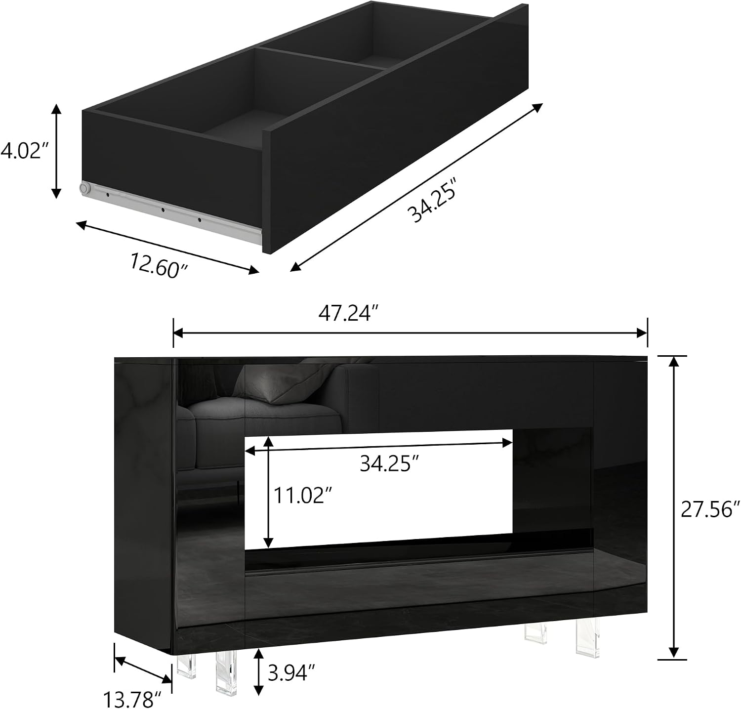 High Gloss TV Stand with 2 Large Drawers & Push-Open Doors - High Gloss Modern TV Console Storage Cabinet for Living Room, Office