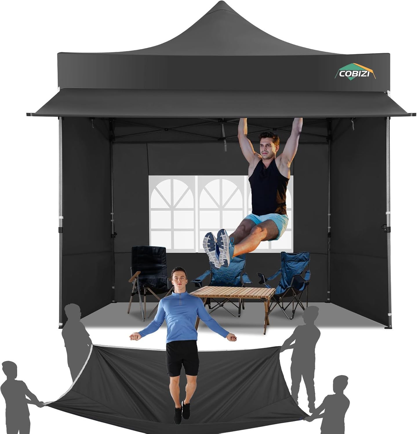 COBIZI 10x10 Pop Up Canopy Tent with Awning & Sidewalls, Heavy Duty Commercial 10X10 Canopy Tents Instant Waterproof, UPF 50+ Sun Shade for Outdoor, Parties, Markets (Black)