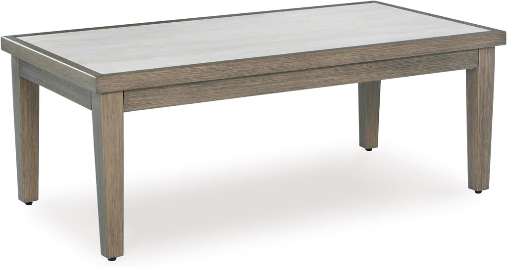 Signature Design by Ashley Rainier Ranch Contemporary Weather Resistant Outdoor Coffee Table with Sintered Stone Top, Light Brown & Beige
