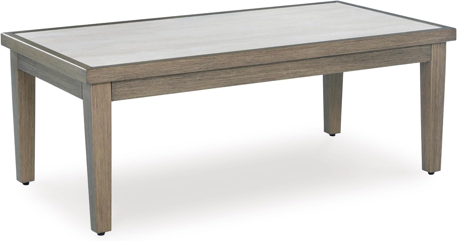 Signature Design by Ashley Rainier Ranch Contemporary Weather Resistant Outdoor Coffee Table with Sintered Stone Top, Light Brown & Beige