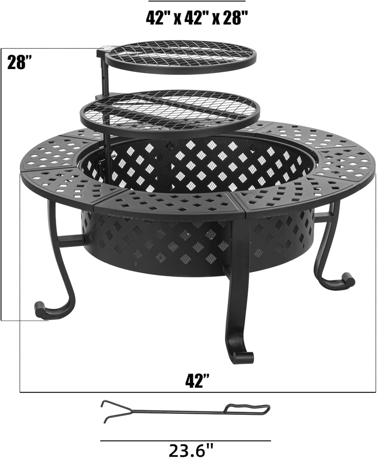 Panovue 42 Inch Fire Pit with 2 BBQ Grills, Wood Burning Fire Pits for Outside with Lid & Fire Poker, BBQ& Outdoor Firepit & Round Metal Table 3 in 1 for Patio, Picnic, Party