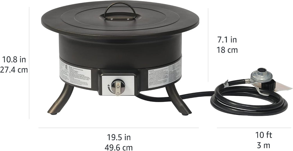 Amazon Basics Portable Propane Fire Pit, 19 inch Round Gas for Patio, 55,000 BTU, Carry Strap, Heat, Warmth and Ambience