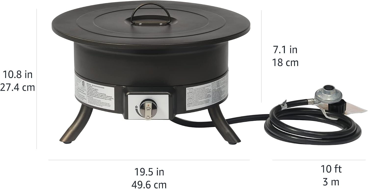 Amazon Basics Portable Propane Fire Pit, 19 inch Round Gas for Patio, 55,000 BTU, Carry Strap, Heat, Warmth and Ambience