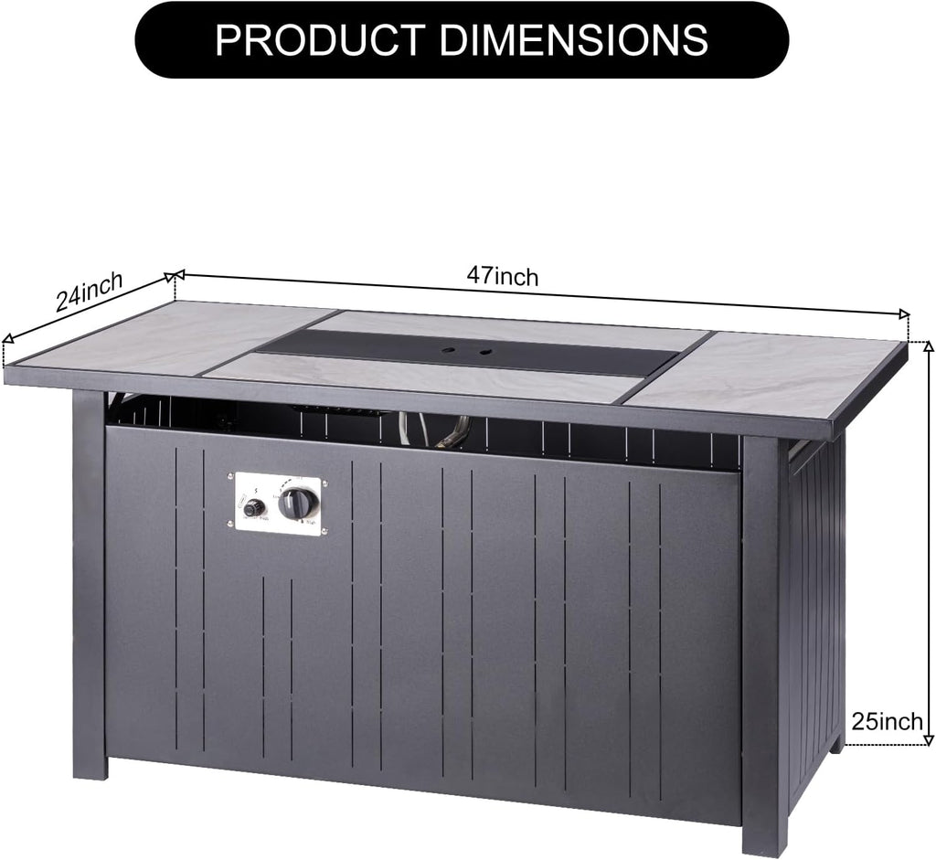 OutVue 47' Propane Fire Pit Table with Real Ceramic Tabletop, 50000 BTU Gas Firepit Table with Lid & Lava Stones, Outdoor Fire Pit for Dining or Party, Firepit for Outside, Patio