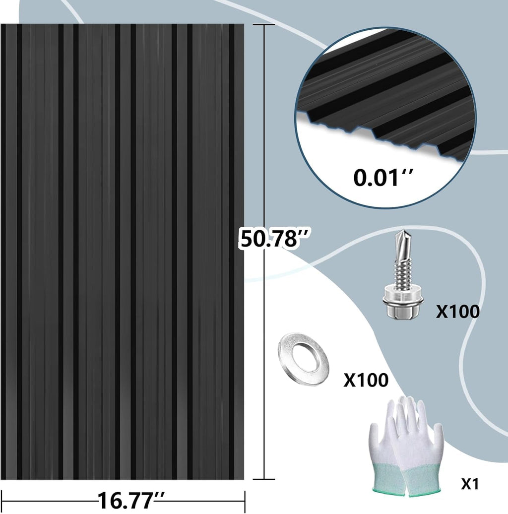 Metal Roof Panels 50.78X16.77 in 12 PCS Galvanized Steel Corrugated Tin Roofing Panels Gazebo Top Cover Garages,Black