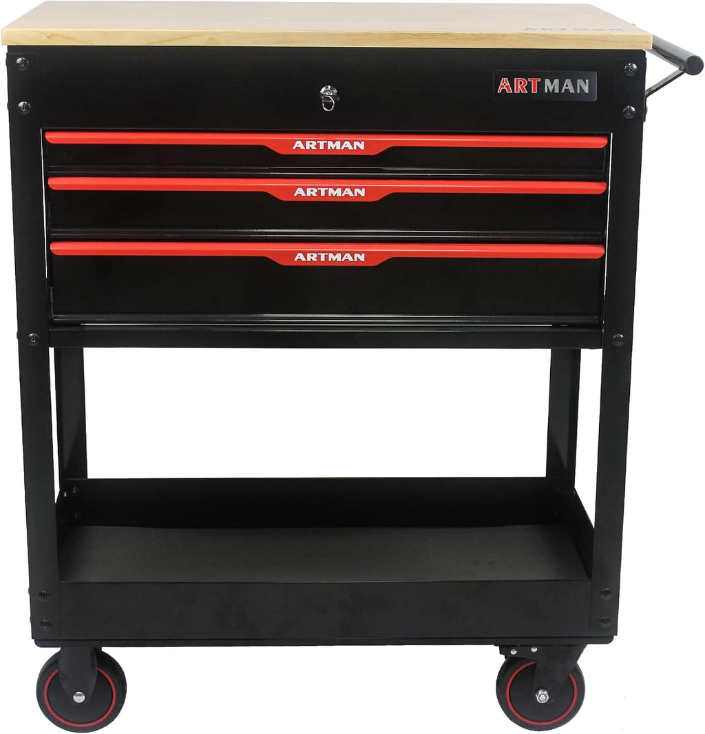3 Drawers Tool Cart on Wheels,Tool Storage Box with Wooden Top,Drawers Rolling Tool Box Organizer Tool Case for Garage,Warehouse,Workshop,Repair Shop (3 Drawers-38.5'H-Black&Red)