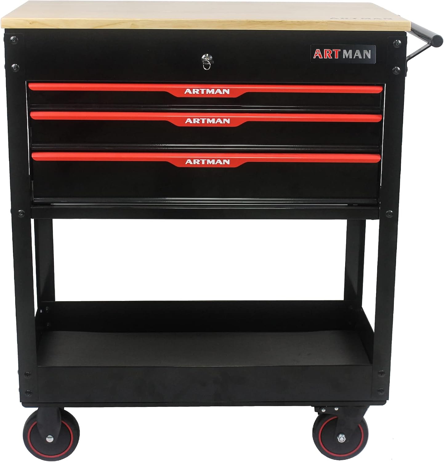 3 Drawers Tool Cart on Wheels,Tool Storage Box with Wooden Top,Drawers Rolling Tool Box Organizer Tool Case for Garage,Warehouse,Workshop,Repair Shop (3 Drawers-38.5'H-Black&Red)