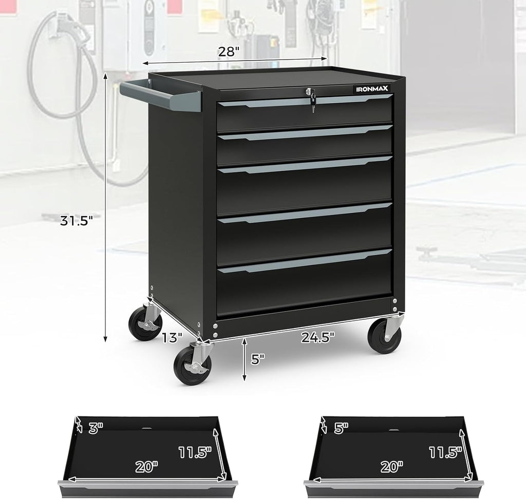 IRONMAX 5-Drawer Tool Chest with Wheels, Rolling Tool Storage Organizer Toolbox with Locking System & Liner, Metal Tool Cabinet for Warehouse, Garage, Workshop, Household