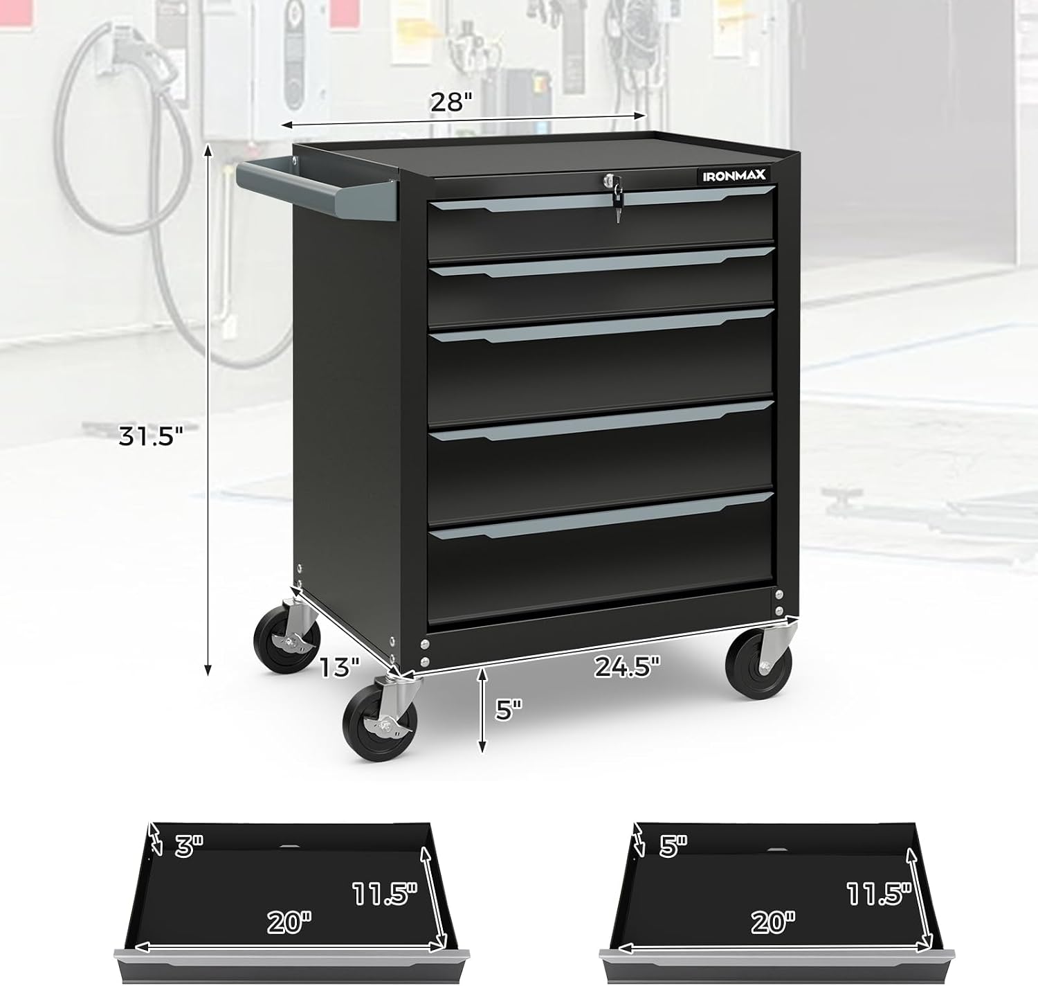 IRONMAX 5-Drawer Tool Chest with Wheels, Rolling Tool Storage Organizer Toolbox with Locking System & Liner, Metal Tool Cabinet for Warehouse, Garage, Workshop, Household