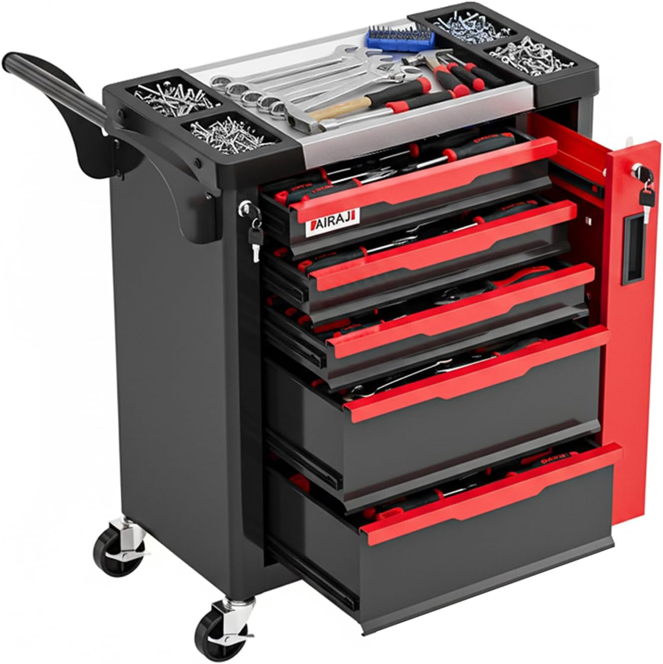 Tool Chest 5-Drawer | Rolling Tool Chest with Wheels/Side Drawer | Drawers Integrated Lockable | Tool Cart/Cabinet with Drawers for Garage Storage,Workshop | Safety Rounded Corner Anti-collision | Red