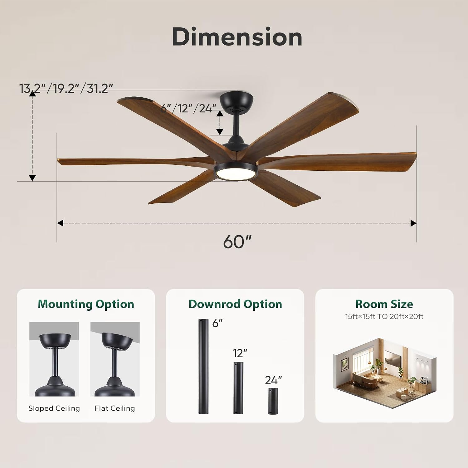 60 Inch Indoor Outdoor Ceiling Fan with Light and Remote - Modern Farmhouse Style, 6 Solid Wood Blades, High CFM Quiet Reversible Energy Efficient DC Motor, Damp-rated for Patios Porch Gazebo Garage