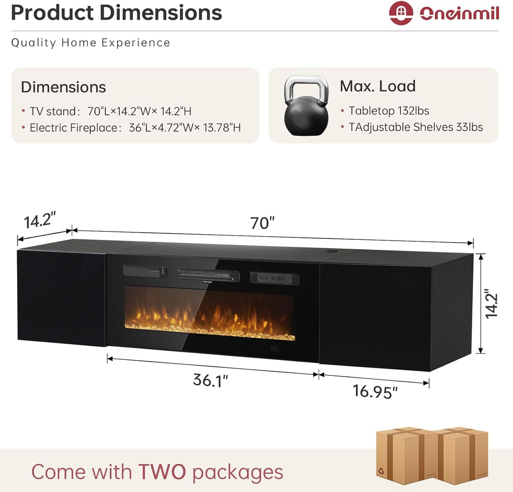 oneinmil 70' Floating TV Stand with 36' Electric Fireplace, Wall Mounted Fireplace Entertainment Center with Storage, Fire Place TV Console for Living Room, All Black